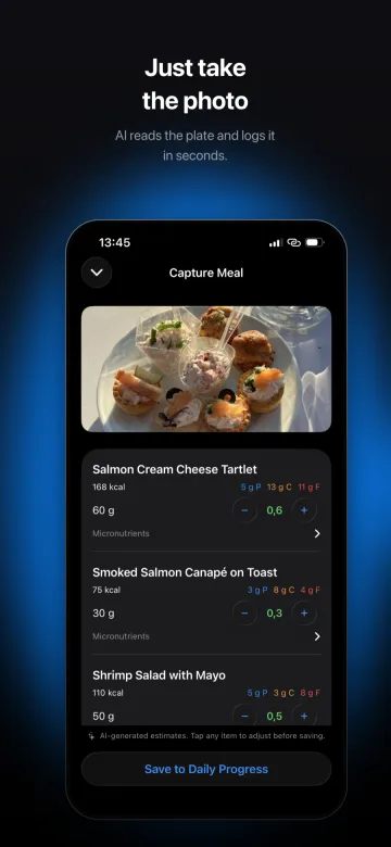 AI meal capture: a photographed plate broken down into dishes with calories and macros