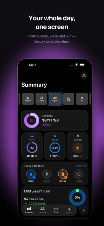Summary screen with fasting, sleep, water and burned-calorie cards