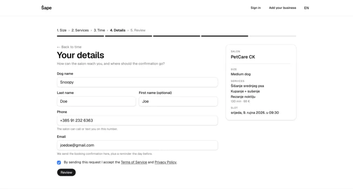 Šape booking flow: choosing services and entering the dog's details